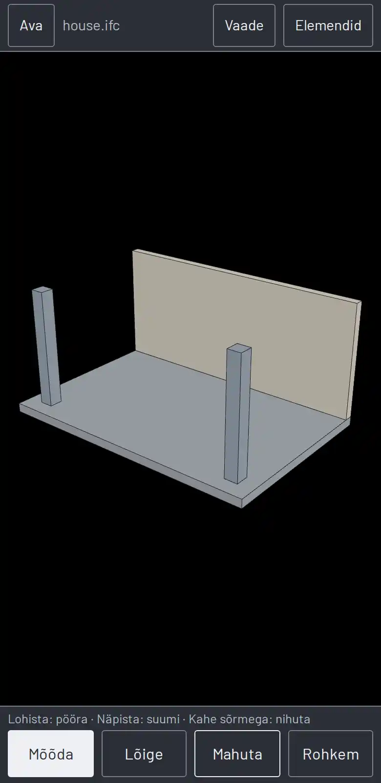 Väike katsemudel 3D-vaaturis: plaat, sein ja kaks posti.