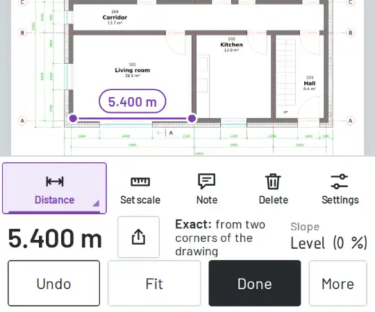 A length measured along a wall of the sample house, shown on the line and in the bar.
