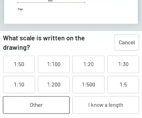 The question What scale is written on the drawing?, with 1:50, 1:100 and other scales to tap.