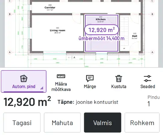Näidismaja köök täidetuna, selle pindala ja ümbermõõduga.